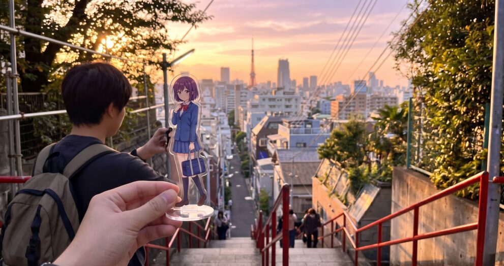 Fã fazendo anime pilgrimage no Japão comparando cena de anime com local real em Tóquio