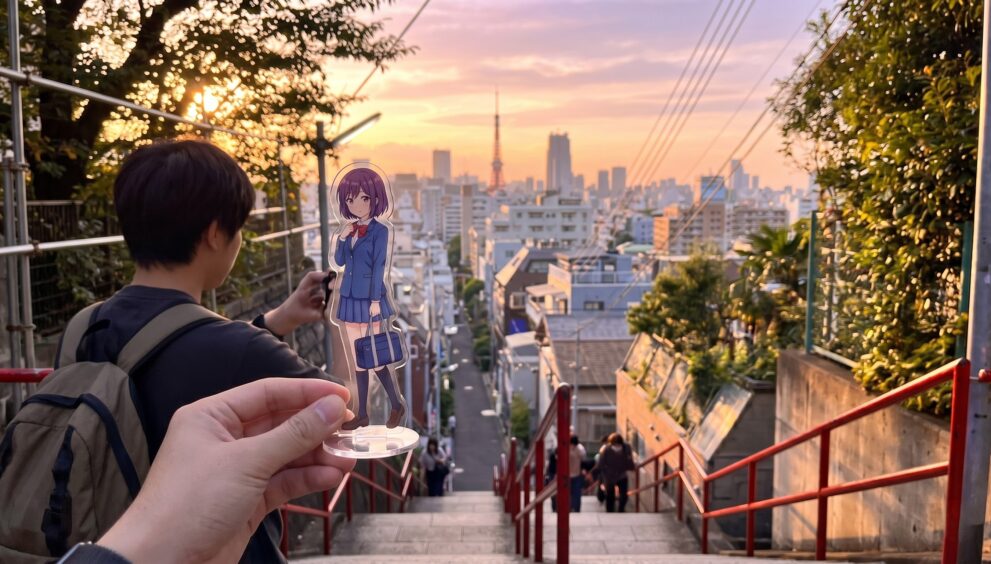 Fã fazendo anime pilgrimage no Japão comparando cena de anime com local real em Tóquio