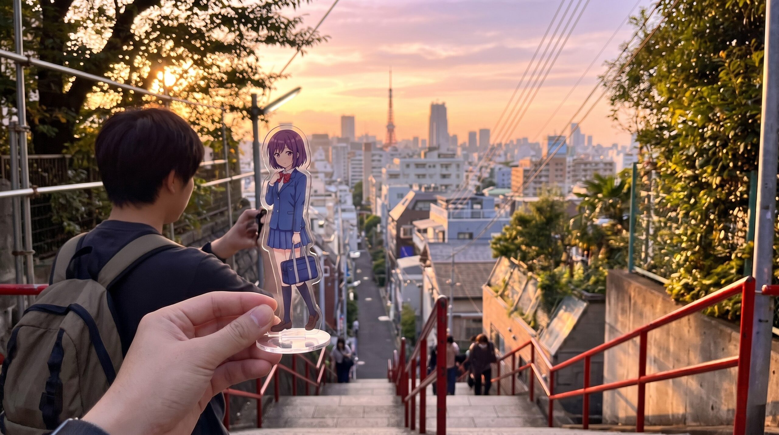 Fã fazendo anime pilgrimage no Japão comparando cena de anime com local real em Tóquio