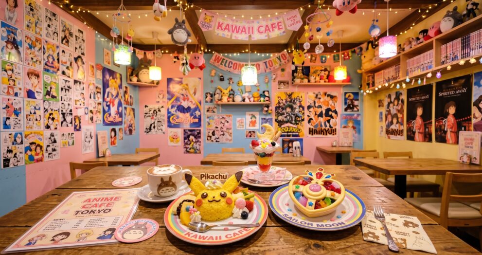 Interior colorido de café temático de anime em Tóquio com pratos decorados e itens de personagens
