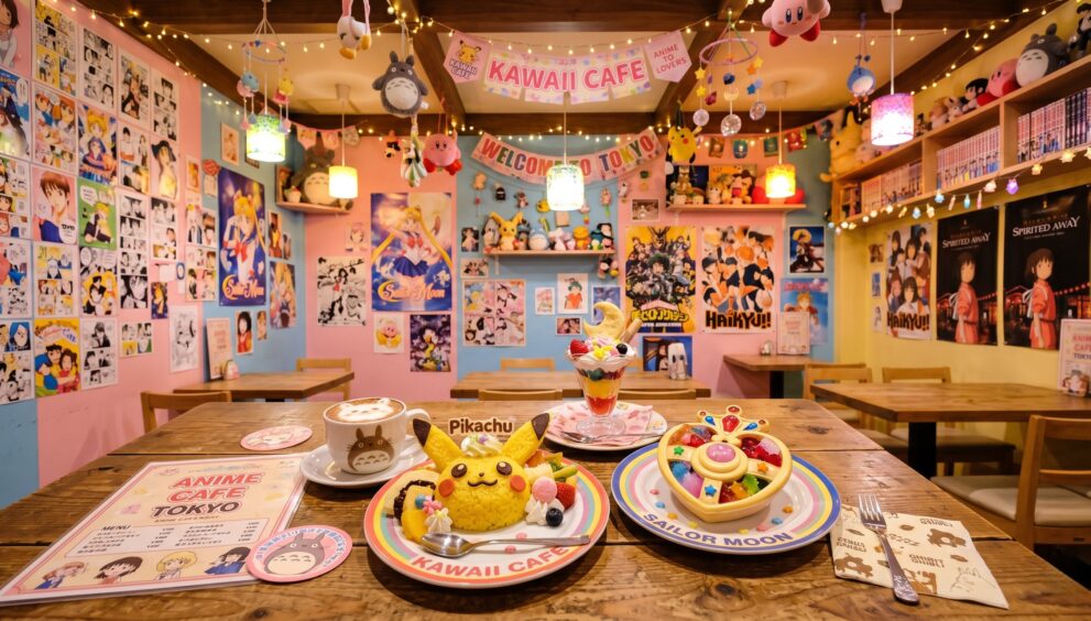 Interior colorido de café temático de anime em Tóquio com pratos decorados e itens de personagens