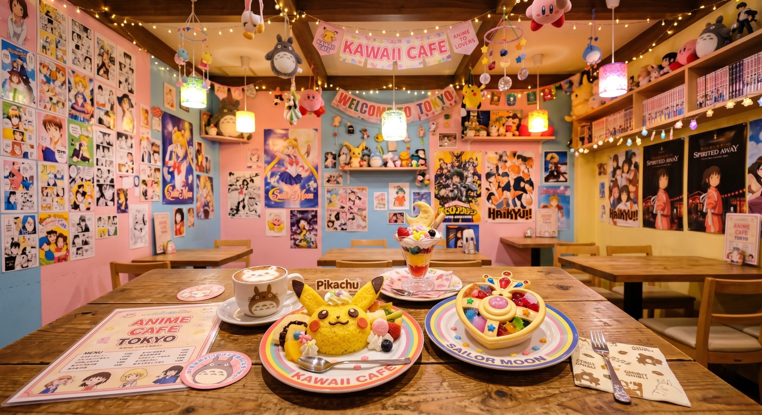 Interior colorido de café temático de anime em Tóquio com pratos decorados e itens de personagens