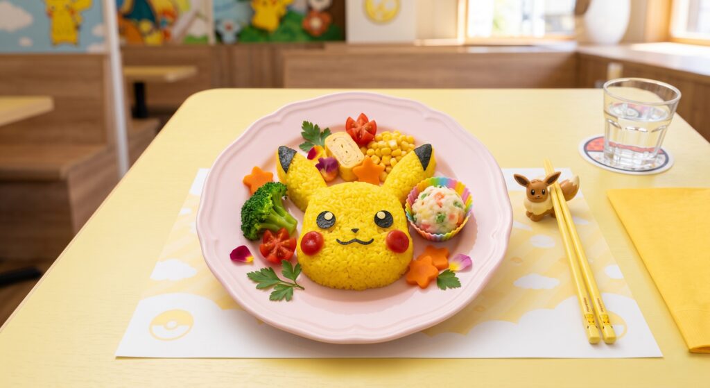 Prato temático do Pokémon Café em Tóquio com arroz em formato do Pikachu e decoração colorida