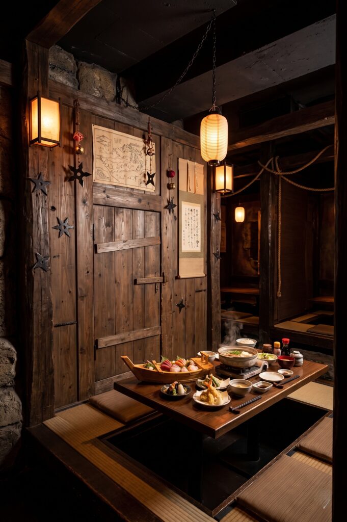 Interior escuro e atmosférico do restaurante Ninja Akasaka em Tóquio com decoração temática