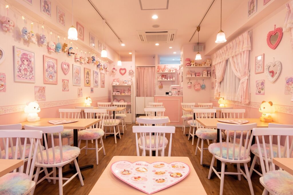 Interior decorado de maid café em Akihabara com decoração rosa e kawaii