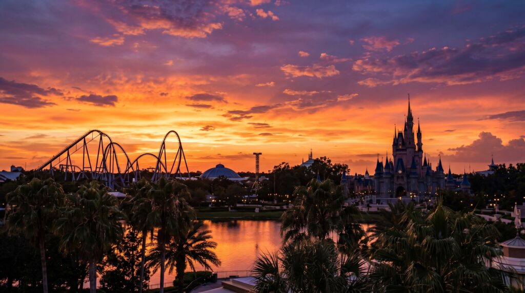 Skyline de Orlando ao pôr do sol com silhueta de parques temáticos, destino de viagem para nerds brasileiros