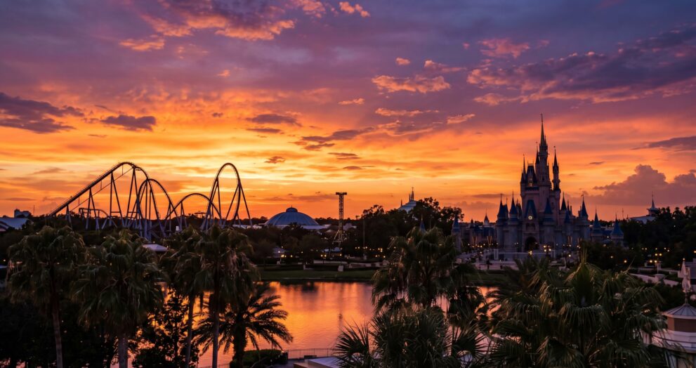 Skyline de Orlando ao pôr do sol com silhueta de parques temáticos, destino de viagem para nerds brasileiros