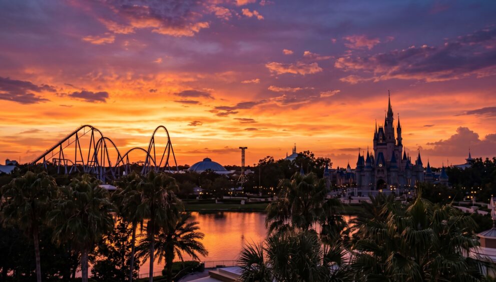 Skyline de Orlando ao pôr do sol com silhueta de parques temáticos, destino de viagem para nerds brasileiros