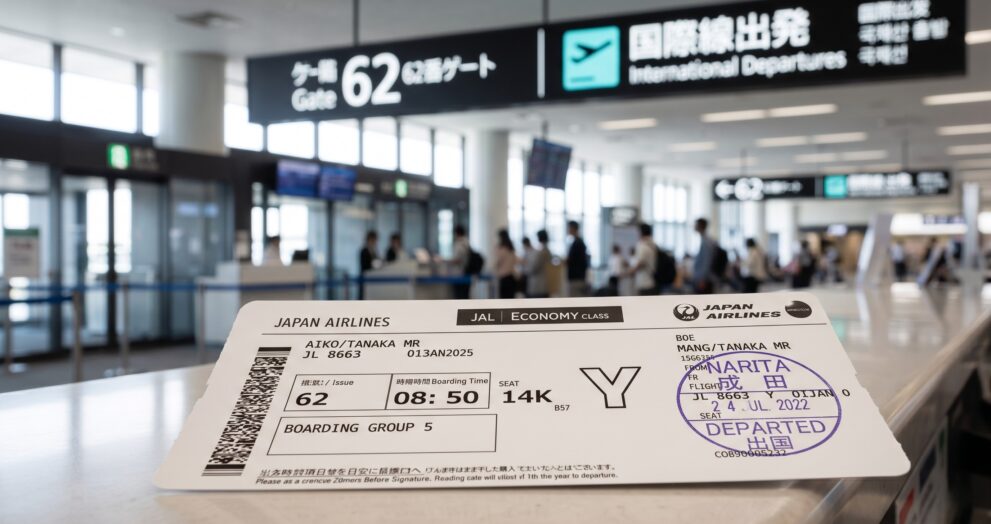 Cartão de embarque em aeroporto japonês representando a nova taxa de saída do Japão em 2026