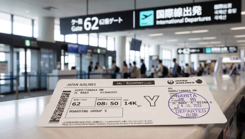 Cartão de embarque em aeroporto japonês representando a nova taxa de saída do Japão em 2026