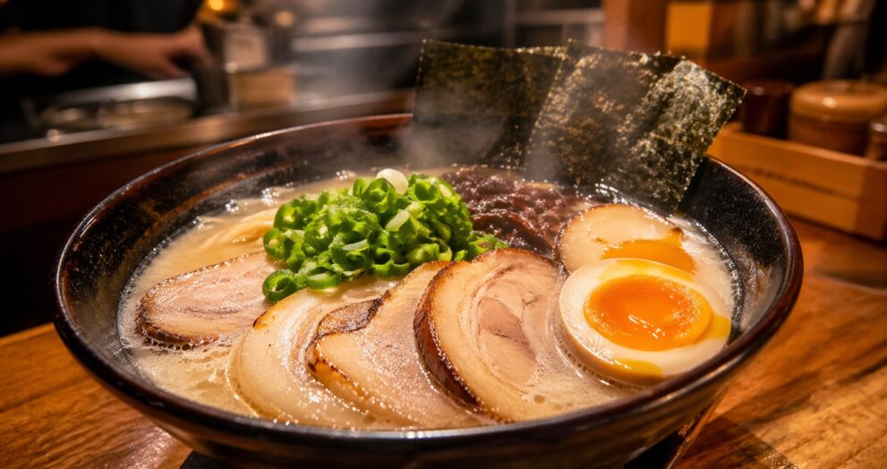 Interior de konbini japonesa com prateleiras de onigiri, bentô e lanches baratos