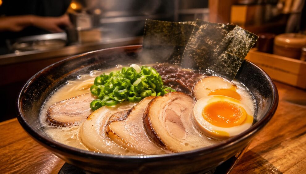Interior de konbini japonesa com prateleiras de onigiri, bentô e lanches baratos