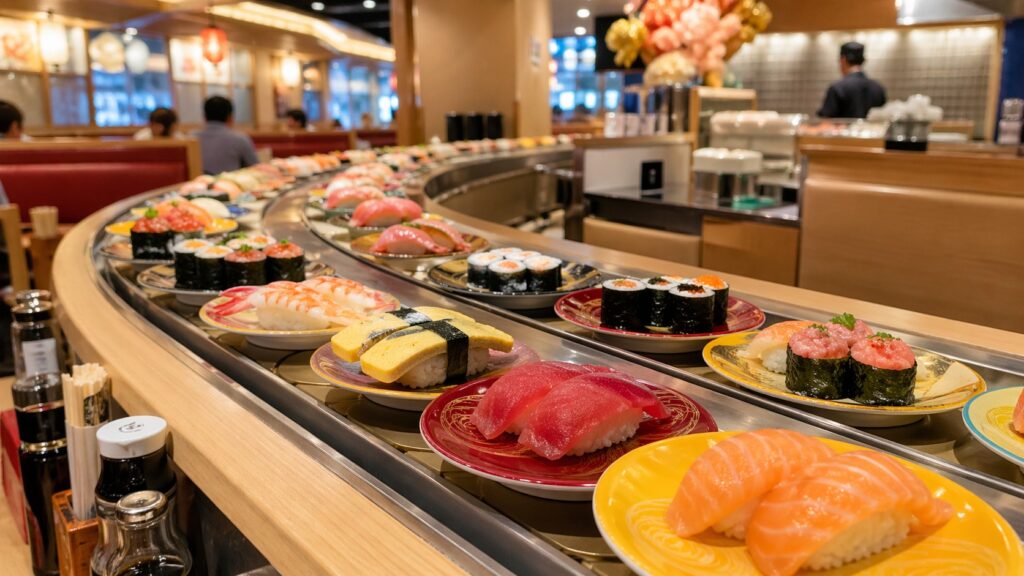 Restaurante de sushi de esteira (kaitenzushi) no Japão com pratos coloridos girando
