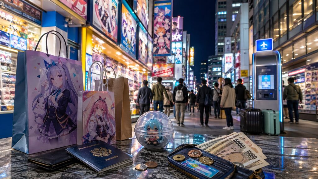 A bright cinematic travel blog cover image showing a Japanese shopping street in Tokyo with colorful anime stores, shopping bags, a passport, tax-free sign, yen coins and a subtle airport refund kiosk in the background, modern Japanese city atmosphere, vibrant cyan and yellow lighting, clean composition, travel finance theme, photorealistic, high detail, no text, 16:9 aspect ratio