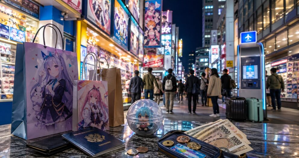 A bright cinematic travel blog cover image showing a Japanese shopping street in Tokyo with colorful anime stores, shopping bags, a passport, tax-free sign, yen coins and a subtle airport refund kiosk in the background, modern Japanese city atmosphere, vibrant cyan and yellow lighting, clean composition, travel finance theme, photorealistic, high detail, no text, 16:9 aspect ratio