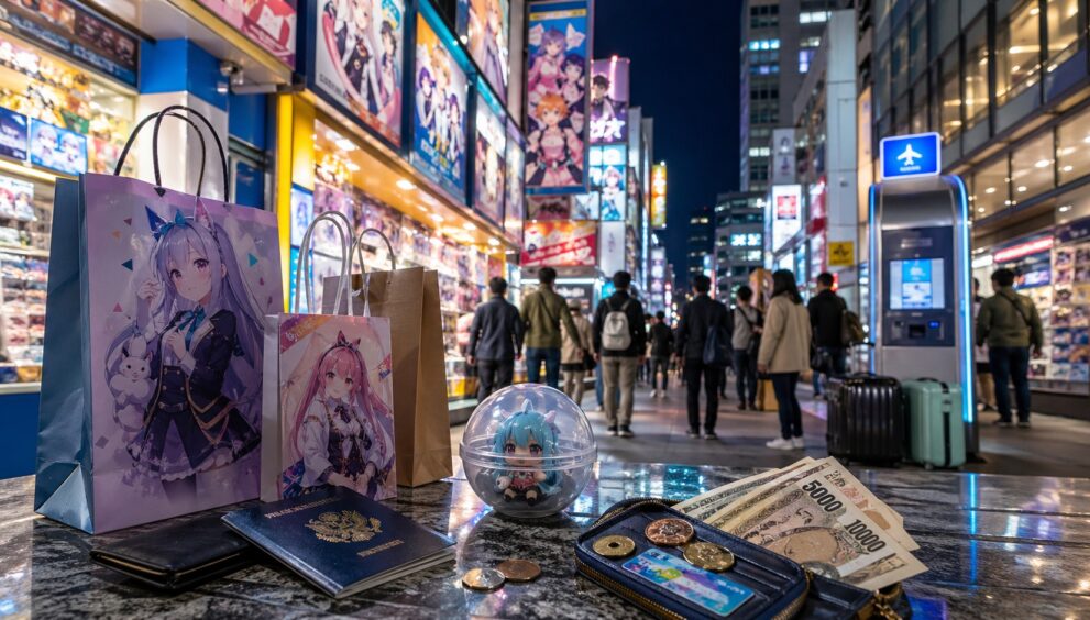 A bright cinematic travel blog cover image showing a Japanese shopping street in Tokyo with colorful anime stores, shopping bags, a passport, tax-free sign, yen coins and a subtle airport refund kiosk in the background, modern Japanese city atmosphere, vibrant cyan and yellow lighting, clean composition, travel finance theme, photorealistic, high detail, no text, 16:9 aspect ratio