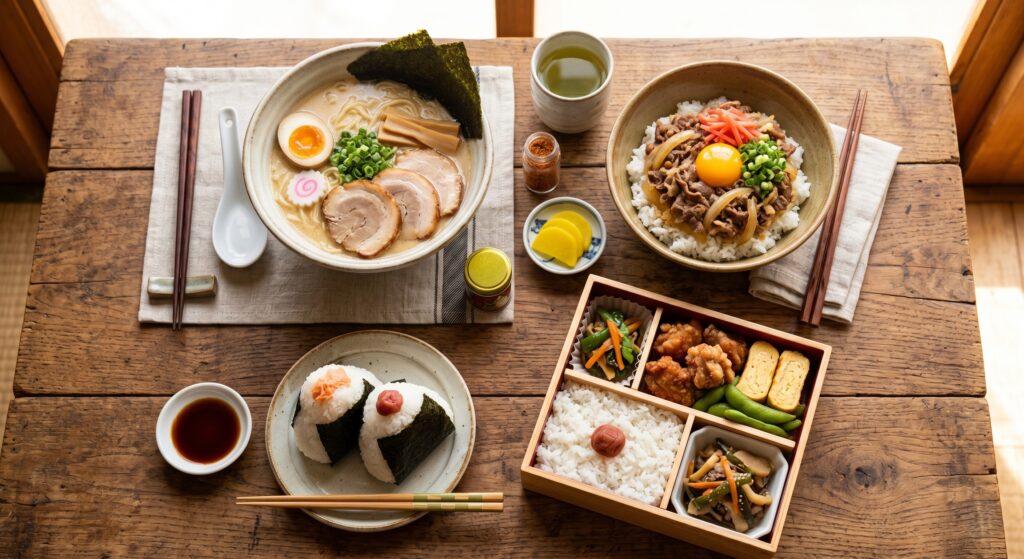 Variedade de comidas baratas no Japão incluindo ramen, onigiri, gyudon e bentô