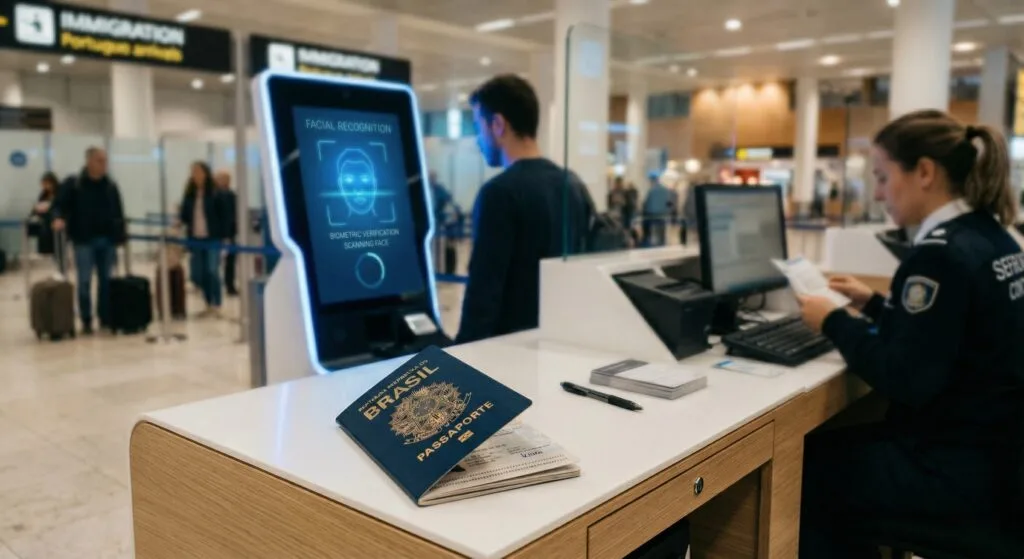 Passaporte brasileiro aberto em balcão de imigração europeu com totem digital de biometria ao fundo