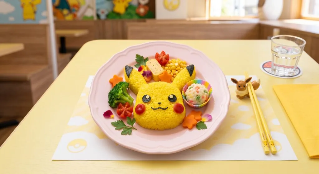 Prato temático do Pokémon Café em Tóquio com arroz em formato do Pikachu e decoração colorida
