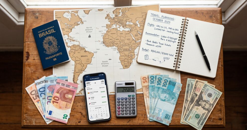 Mochileiro planejando viagem internacional econômica com passaporte, mapa e calculadora na mesa