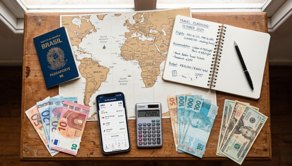 Mochileiro planejando viagem internacional econômica com passaporte, mapa e calculadora na mesa