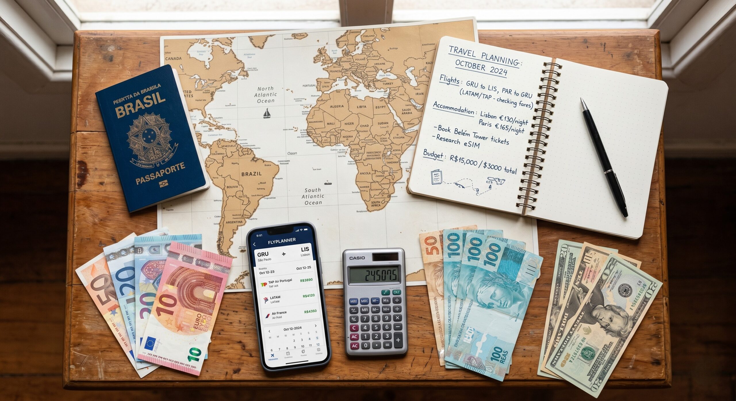 Mochileiro planejando viagem internacional econômica com passaporte, mapa e calculadora na mesa