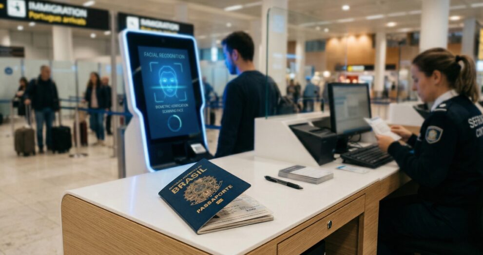 Passaporte brasileiro aberto em balcão de imigração europeu com totem digital de biometria ao fundo