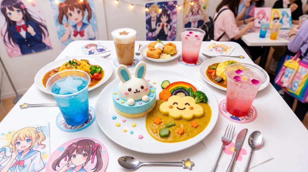 Pratos coloridos e temáticos de café pop-up de anime em Tóquio com sobremesas criativas