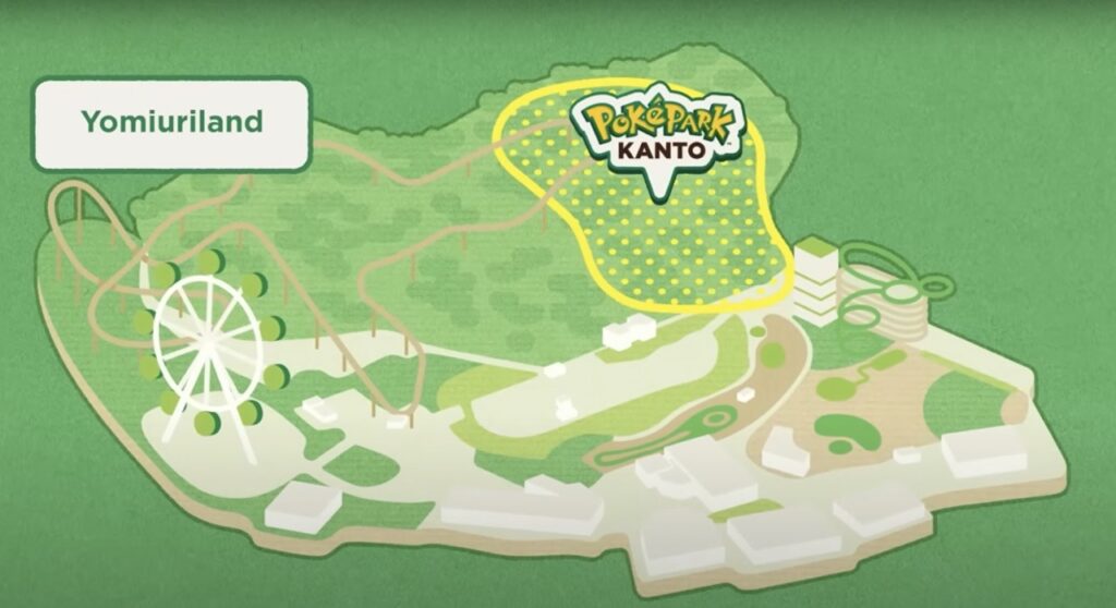 Trilha na Floresta Pokémon do PokéPark Kanto com estátuas de Pokémon entre a vegetação