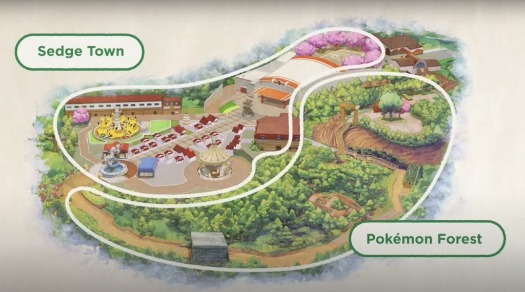 Vila Sedge Town no PokéPark Kanto com lojas temáticas e fonte decorativa