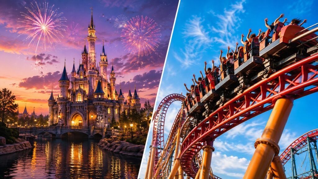 Comparação visual entre Disney e Universal em Orlando, dois universos de parques temáticos diferentes