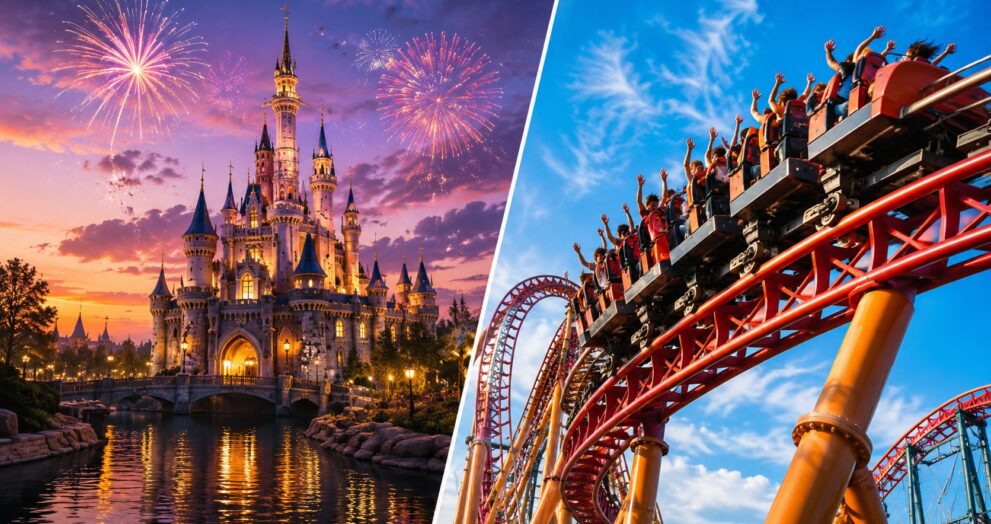 Comparação visual entre Disney e Universal em Orlando, dois universos de parques temáticos diferentes