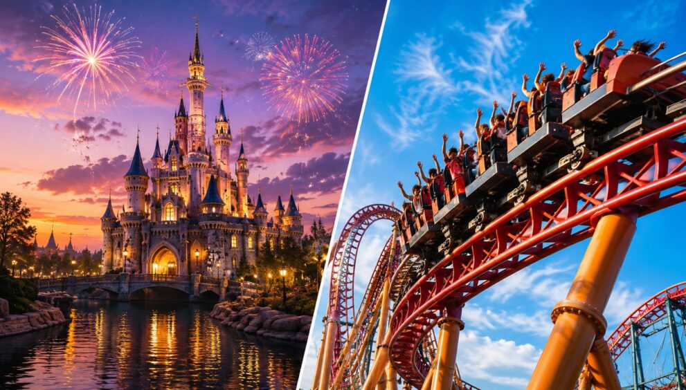 Comparação visual entre Disney e Universal em Orlando, dois universos de parques temáticos diferentes