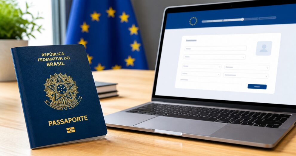 Passaporte brasileiro com formulário online de ETIAS para autorização de viagem à Europa em 2026