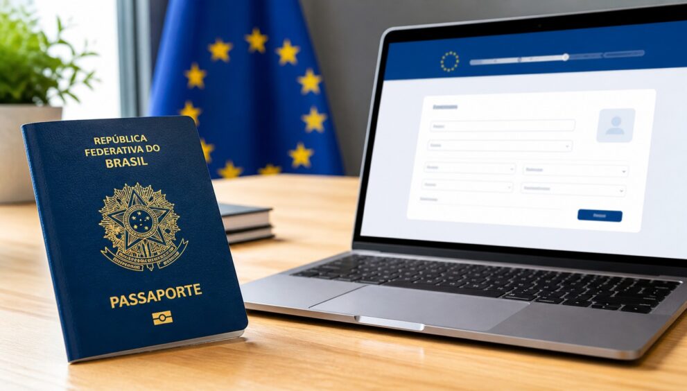 Passaporte brasileiro com formulário online de ETIAS para autorização de viagem à Europa em 2026