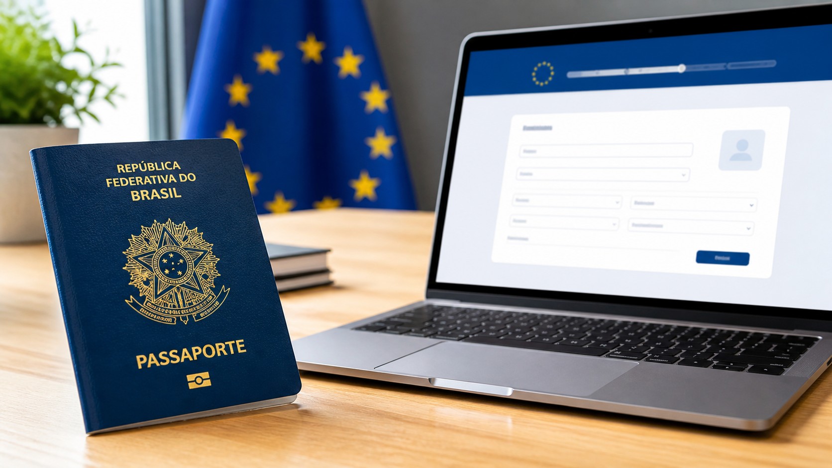 Passaporte brasileiro com formulário online de ETIAS para autorização de viagem à Europa em 2026