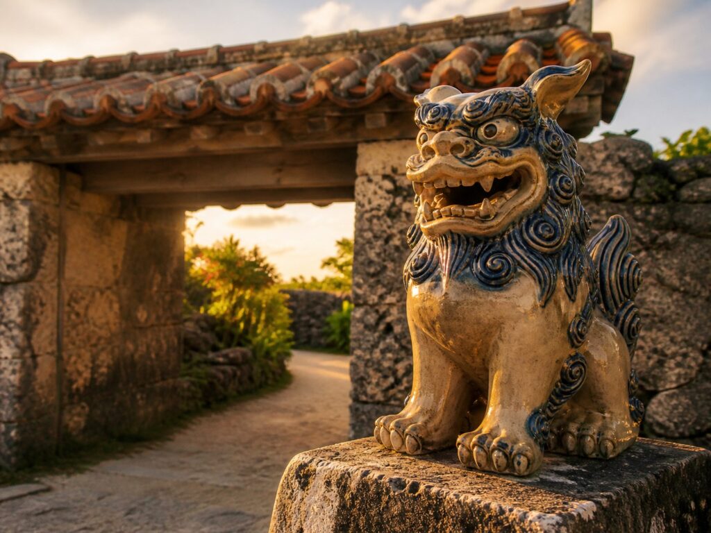 Estátua tradicional de Shisa em Okinawa, símbolo cultural da ilha