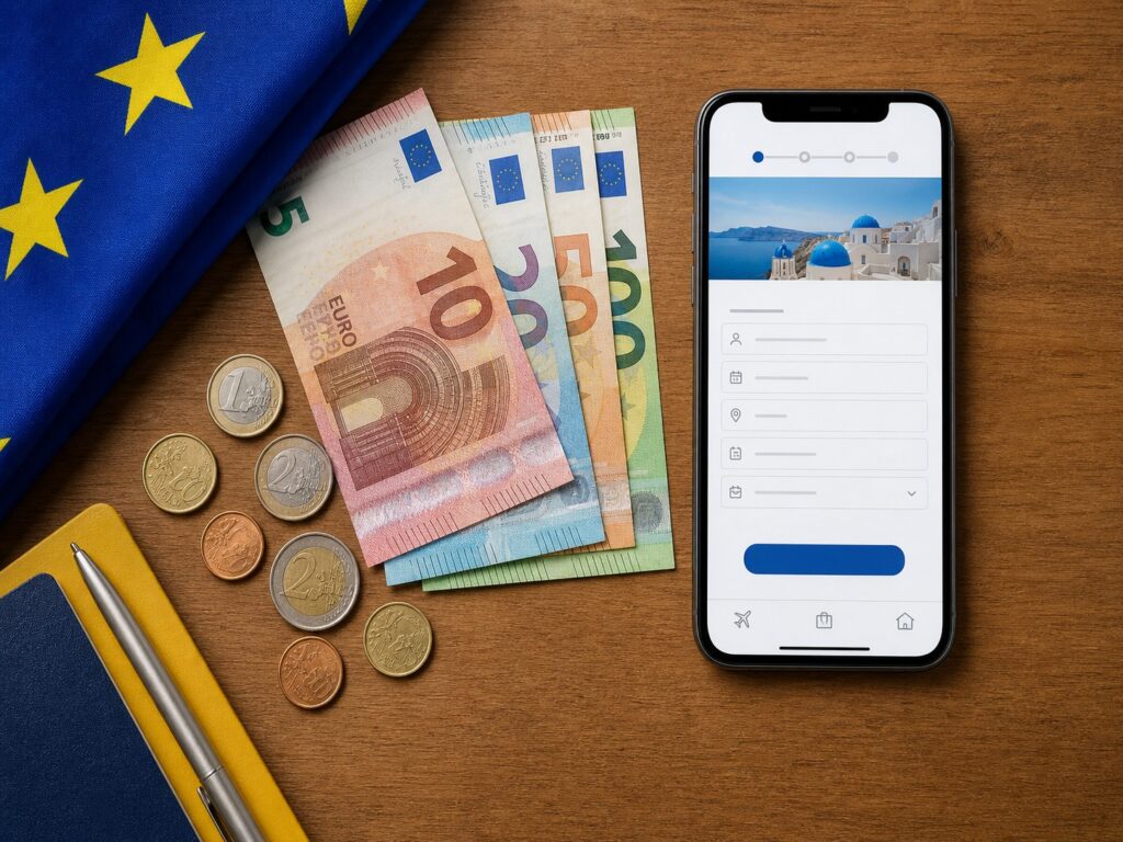 Euros e celular para calcular custos do ETIAS, taxa obrigatória para entrar na Europa em 2026