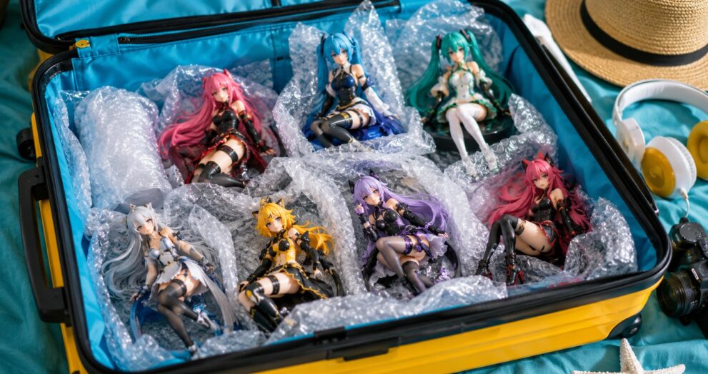 Figures de anime embaladas em bubble wrap dentro de mala para trazer do Japão para o Brasil