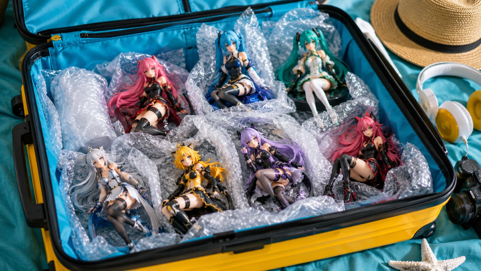 Figures de anime embaladas em bubble wrap dentro de mala para trazer do Japão para o Brasil