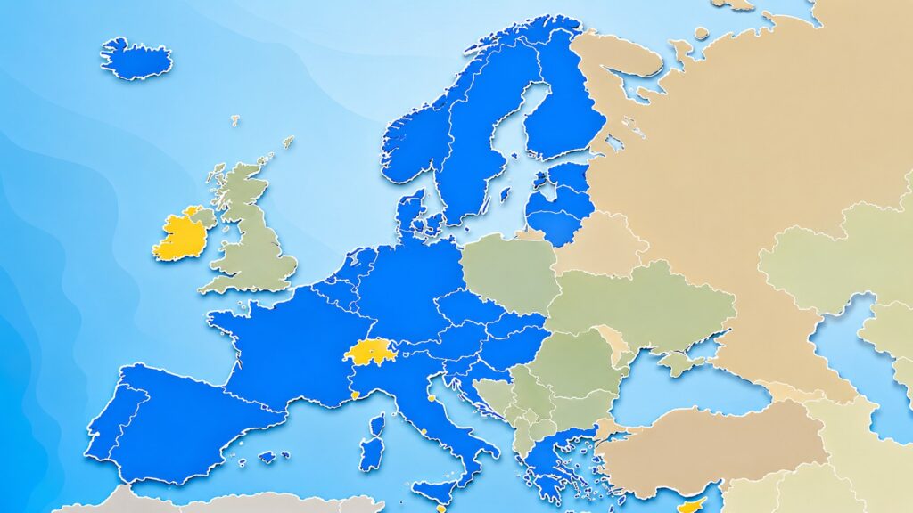 Mapa da Europa com os 30 países do Espaço Schengen que exigem o ETIAS