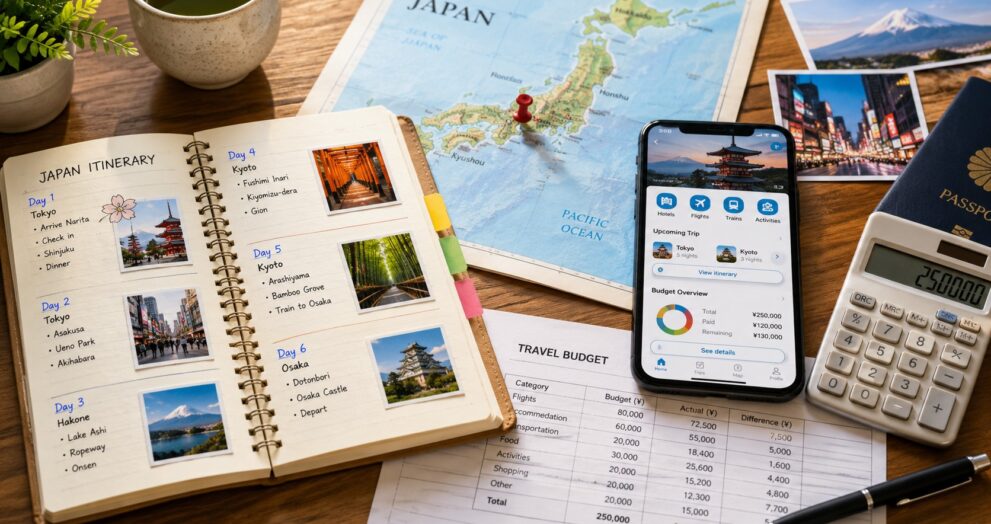 Planejamento detalhado da primeira viagem ao Japão com roteiro, orçamento e ferramentas