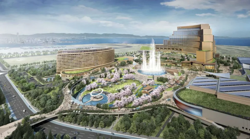 Renderização do MGM Osaka, primeiro resort integrado com cassino do Japão, com formato em arco