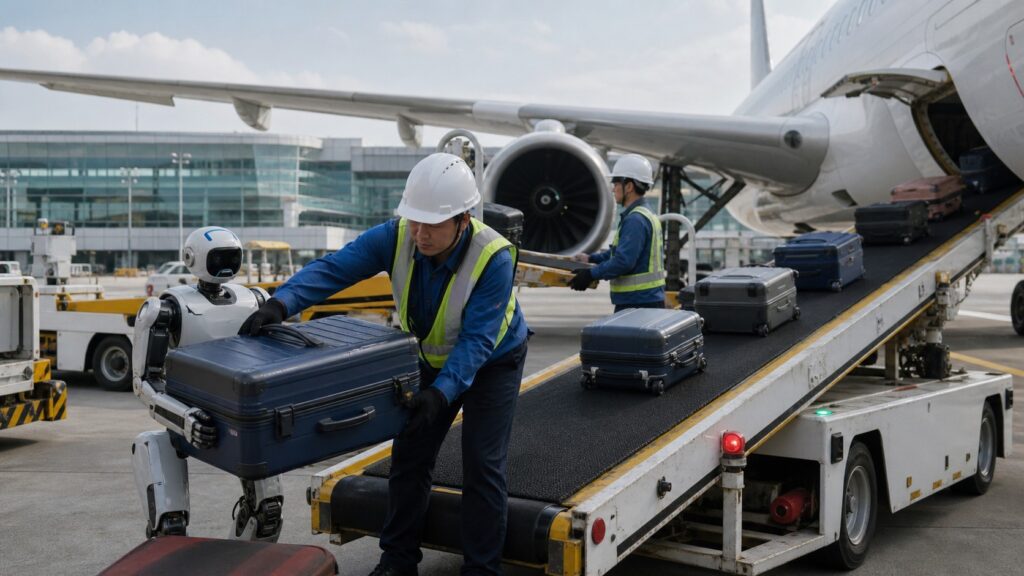 Robôs no aeroporto do Japão com malas em Haneda