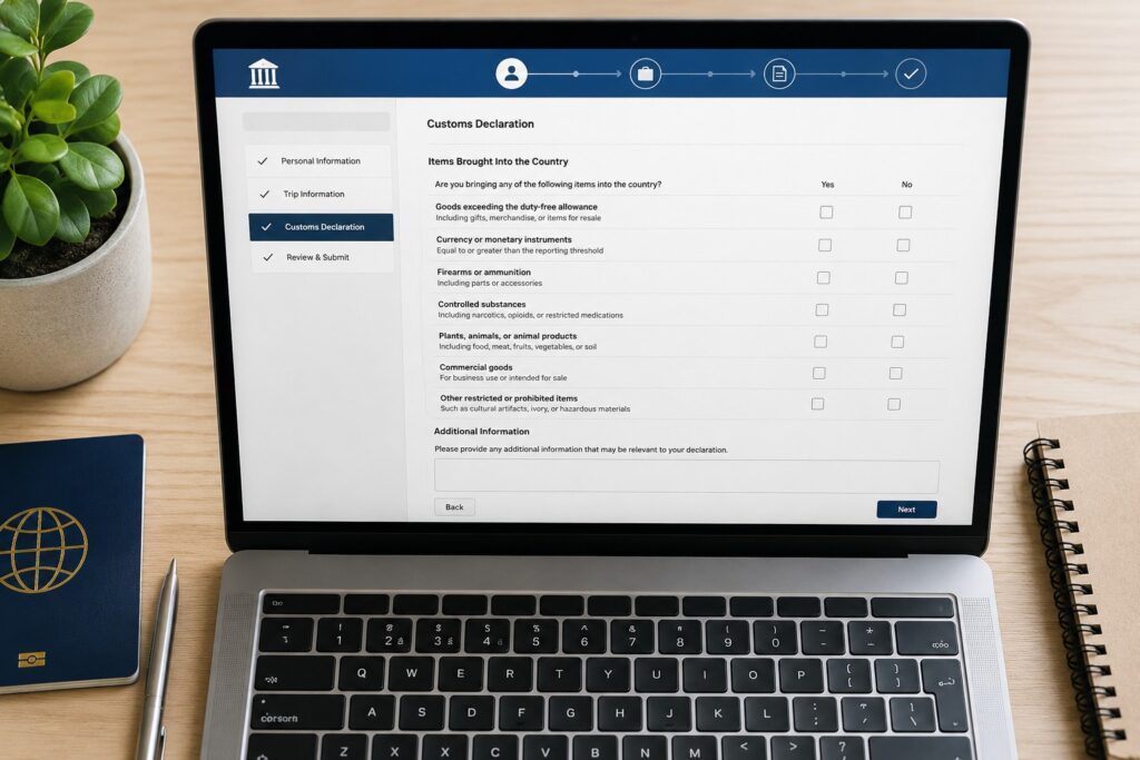 Tela de computador com formulário de declaração eletrônica de bens (e-DBV) para alfândega brasileira