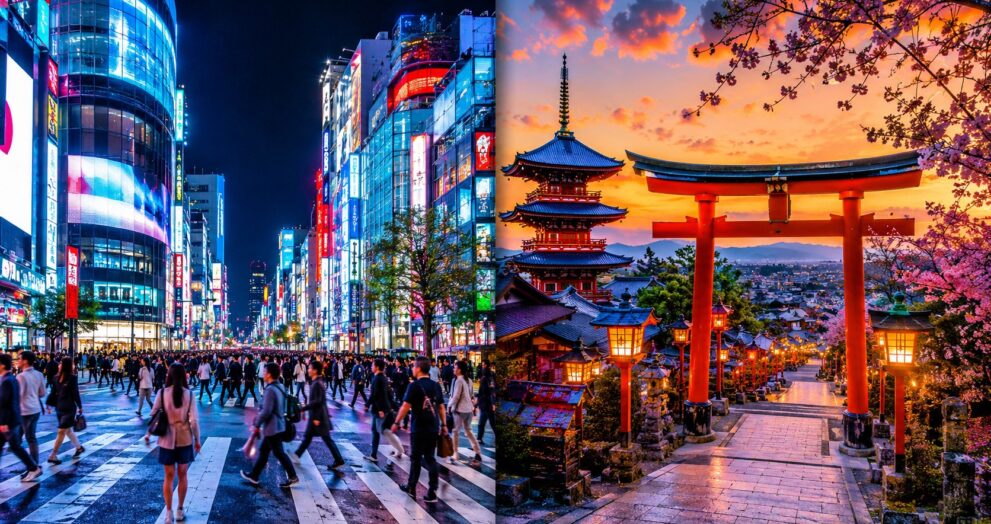 Comparação visual entre Tóquio moderna e Quioto tradicional, as duas cidades essenciais do Japão