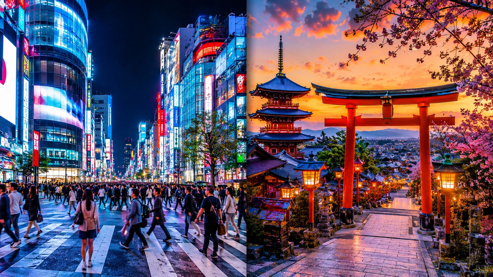 Comparação visual entre Tóquio moderna e Quioto tradicional, as duas cidades essenciais do Japão