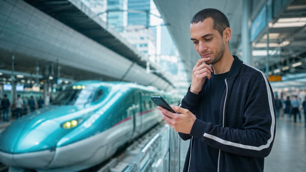 Turista planejando visita ao Ghibli Park Japão 2026 pelo celular