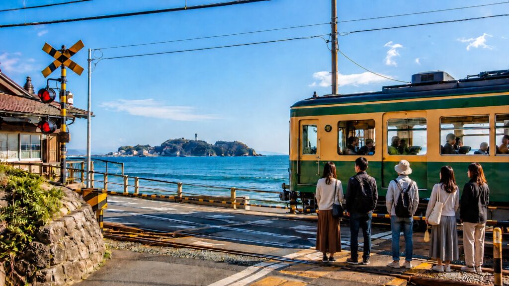 Turistas respeitando regras de etiqueta no cruzamento de Kamakurakokomae