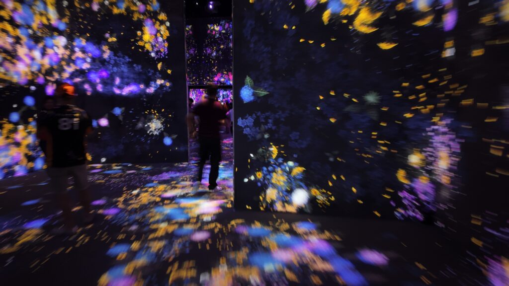 Visitante explorando instalação imersiva do teamLab vestindo roupa escura